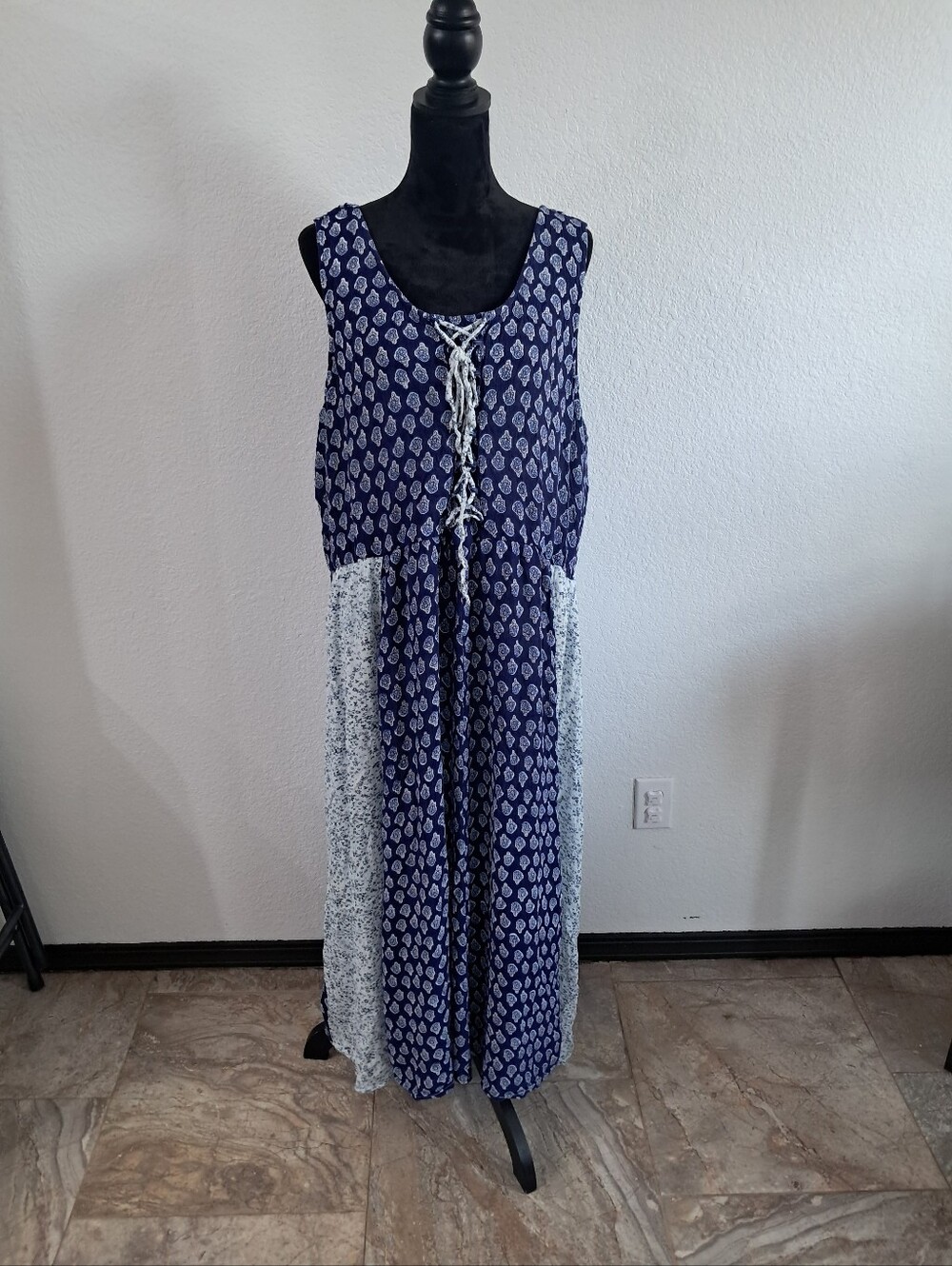 Avenue Maxi Dress 30/32 Blue White Floral Lined Boho Hippie Peasant Cottagecore